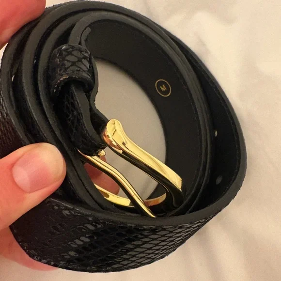 J. Crew Elegant Black Textured Belt with Gold Buckle - Picture 2 of 2